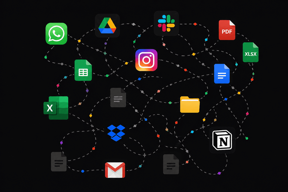 Scattered app icons connected by tangled lines